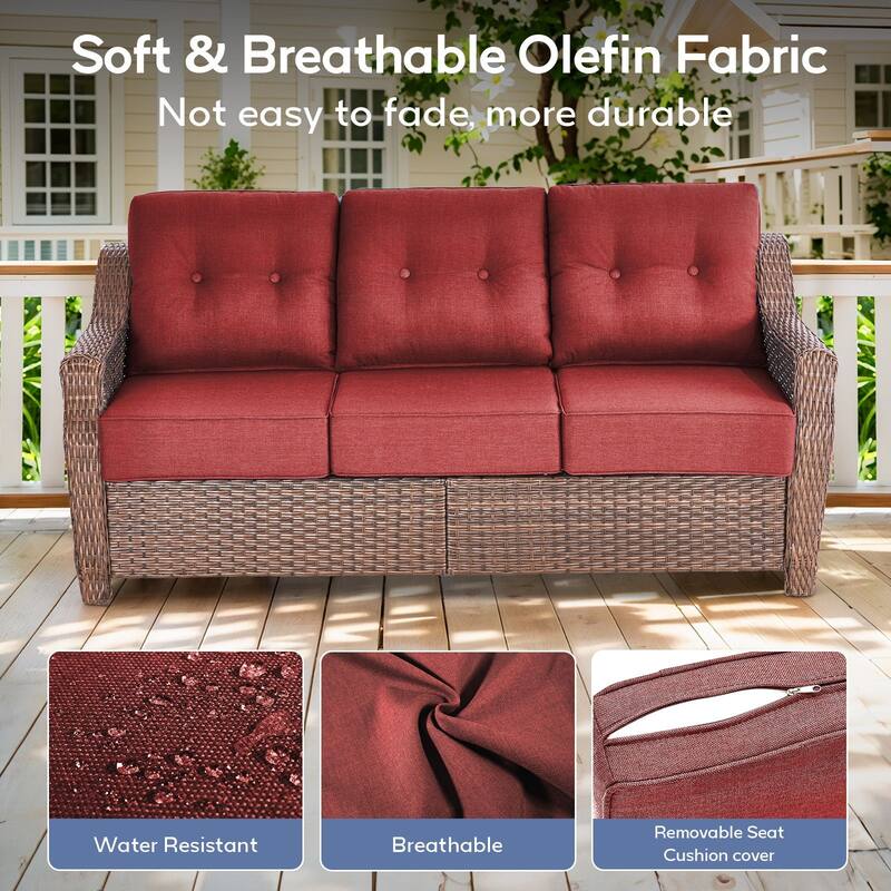 Outdoor 3 Seater Sofa Deep Seat Sofa - Grey Cushion - Brown