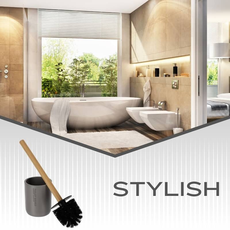 Chic Matte Toilet Brush Holder Set with Natural Bamboo Handle - 4 L x 4 W x 14.8 H