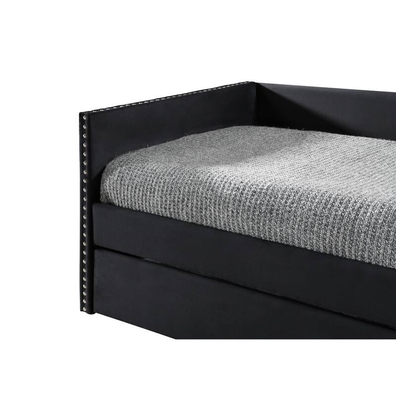 Beautiful 1pc Modern Daybed Tufted Nailhead Trim Armrest Pull Out Trundle Bedroom Living Room Furniture Black Finish - Gray