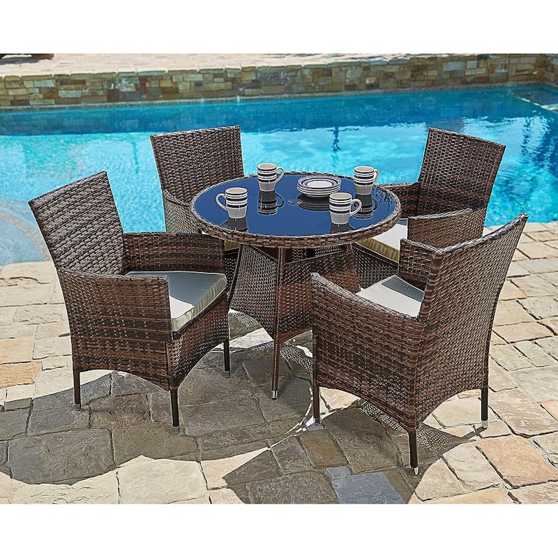 Suncrown Outdoor 5-piece Wicker Round Patio Dinning Table and Chairs with Cushions and Umbrella Hole