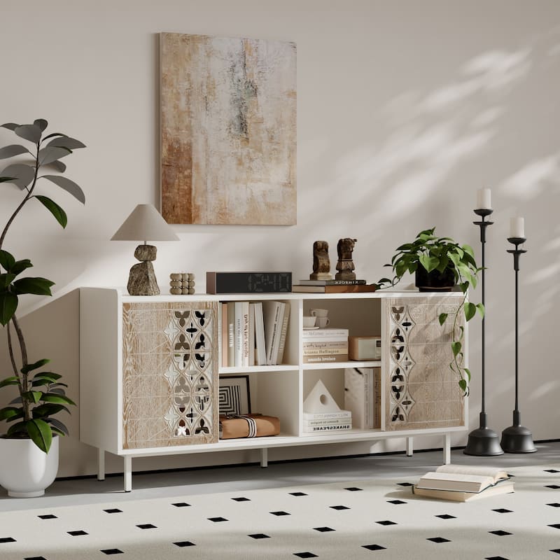 Mid Century Sideboard Buffet Cabinet with Storage, 58" Accent Storage with Sliding Door & Shelf, Modern Console for Living Room - White+Vintage