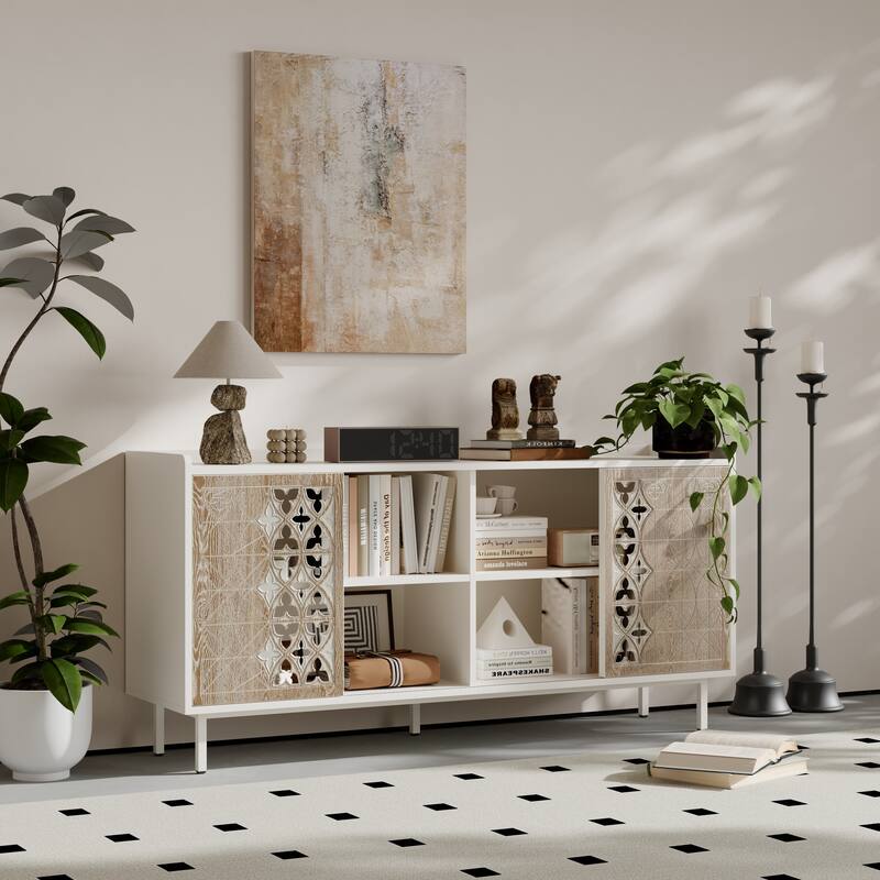 Sicotas Mid Century Sideboard Storage Rustic Sliding Door Solid Wood Cabinet Decorative TV Buffet and Storage for TV Stand - White+Vintage