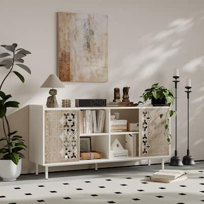 Sicotas Mid Century Sideboard Storage Rustic Sliding Door Solid Wood Cabinet Decorative TV Buffet and Storage for TV Stand