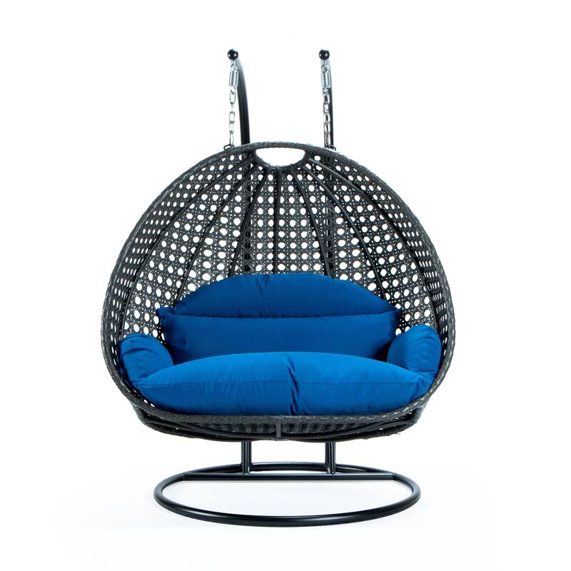 LeisureMod 2-Person Hanging Egg Swing Chair with Metal Stand - Handcrafted Charcoal Wicker, Patio Hammock Lounger with Cushions - Blue
