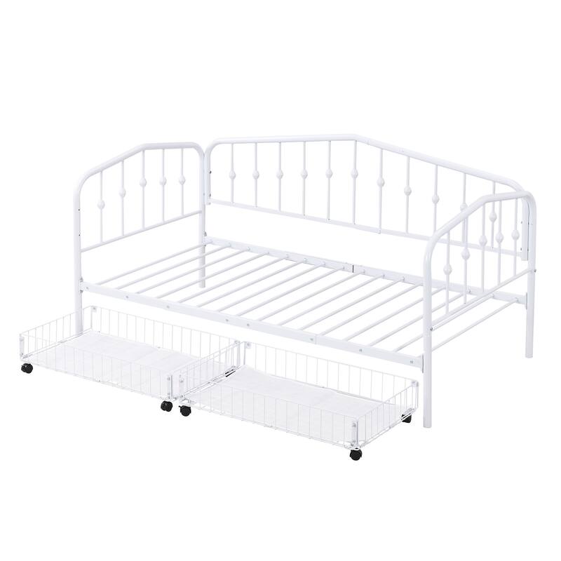 HomeRoots White Metal Twin Bed Frame With Drawers