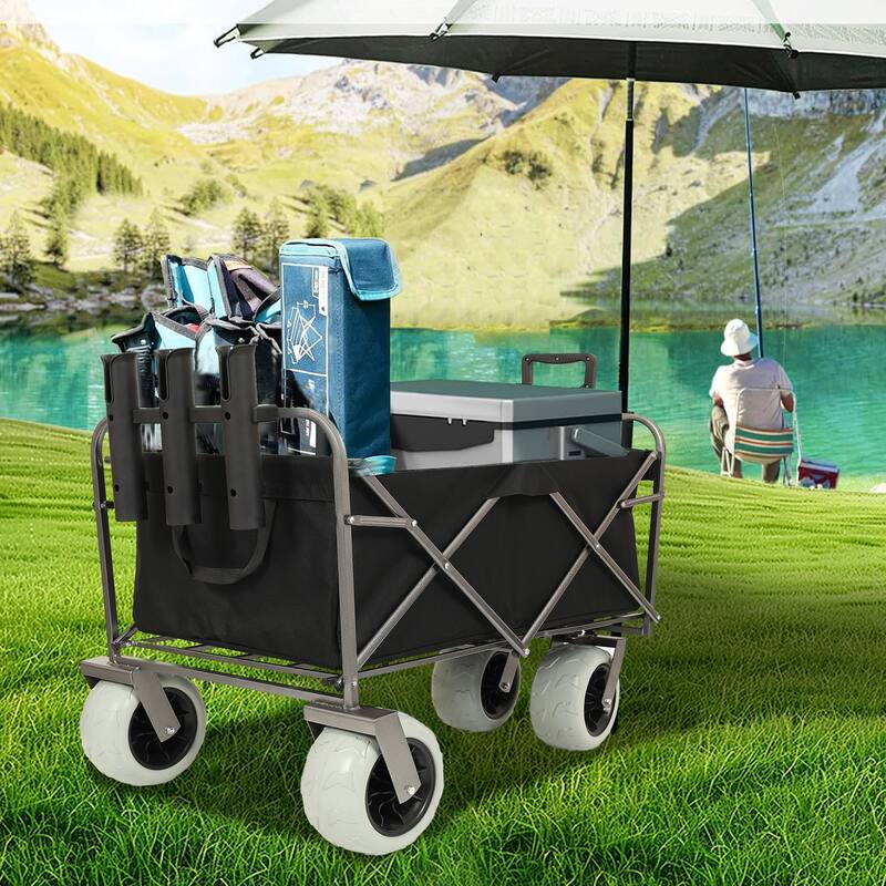Fishing Utility Cart with Rod Holders - 500lb Capacity 9" Pneumatic Tires All-Terrain Wagon