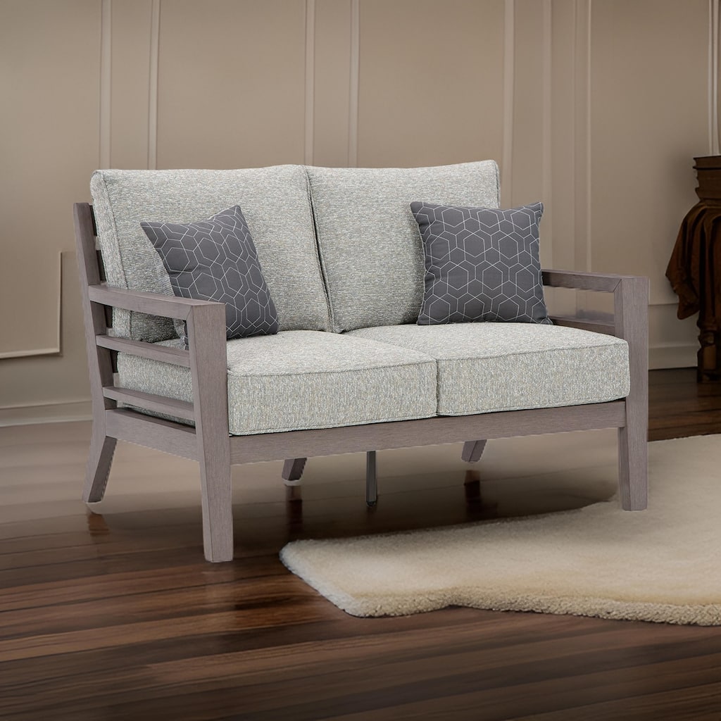 Karo 55 Inch Outdoor Loveseat, Cushioned Seating, Gray, Brown Finish