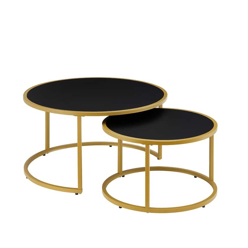 Modern Faux Leather Nesting Coffee Tables, Round Accent Tea Table Set of 2 with Gold Metal Base for Living Room