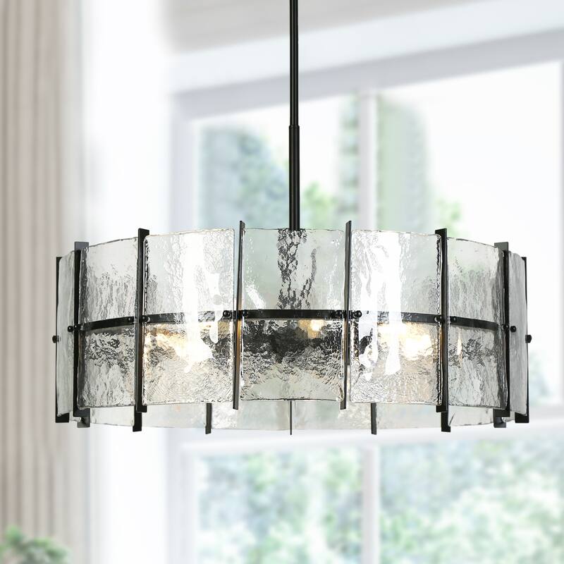 Modern 8-Light Drum Chandelier with Textured Glass Shade For Living Dining Room Foyer - Gray - Dia. 31.5" x H 11"