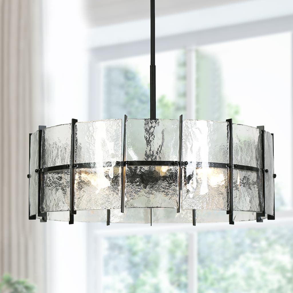 Modern 8-Light Drum Chandelier with Textured Glass Shade For Living Dining Room Foyer - Gray - Dia. 31.5" x H 11"