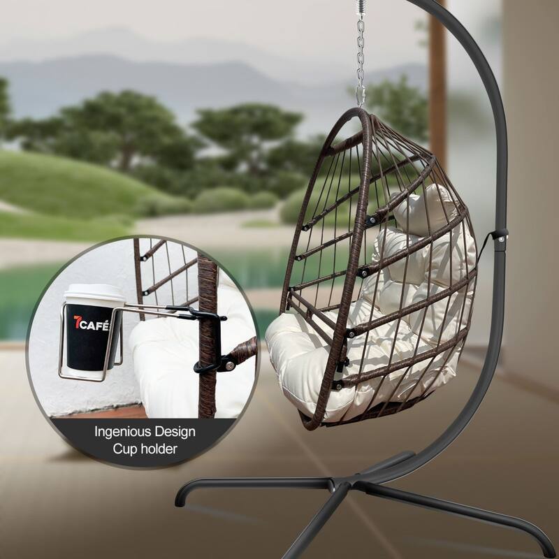 Foldable Hanging Basket Egg Chairs Swing Hammock Chairs with Guardrail & Cup Holder Rattan Lounge Rocking Chair with C-Stand