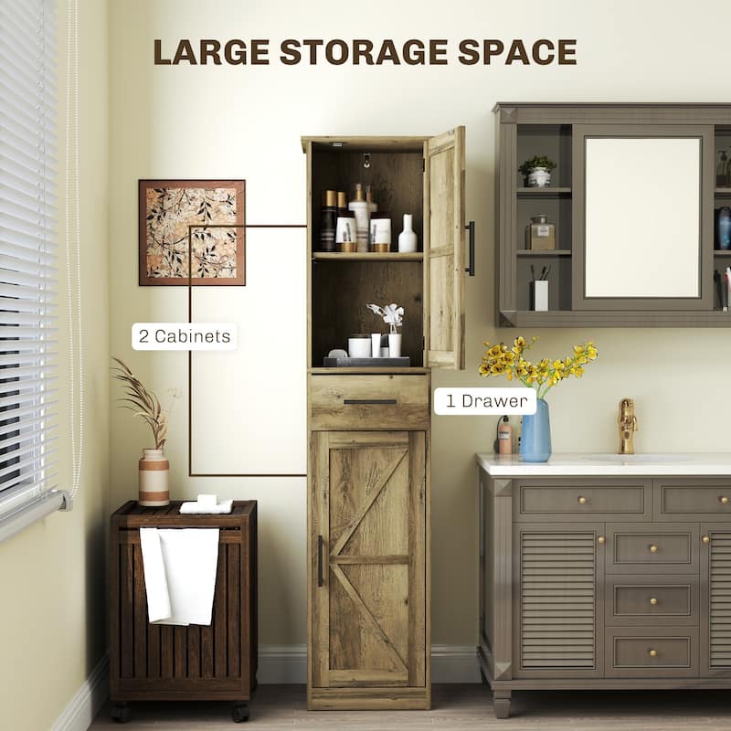 Distressed Grey MDF Tall Bathroom Cabinet with Barn Doors and Drawer - 15.7" L x 11.8" W x 66.9" H