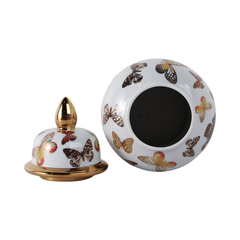 Ceramic Decorative Temple Jar with Lid and Metallic Butterfly Motif