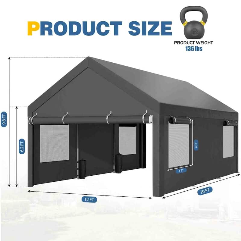 Futzca 12x20 ft Carport Canopy, Waterproof Outdoor Shelter with Sandbags