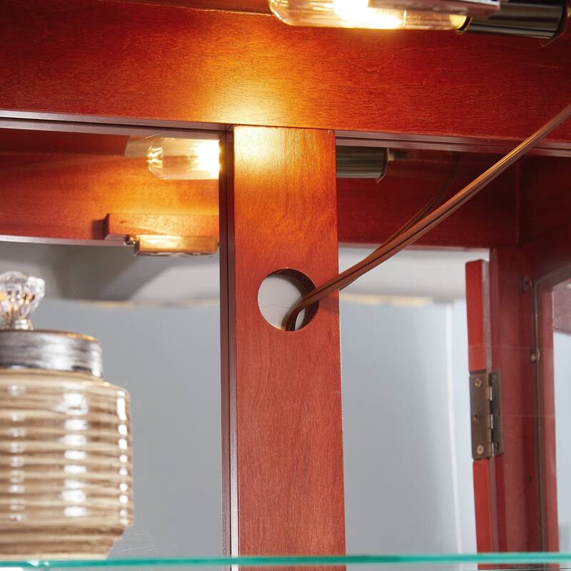 Lighted Glass Display Cabinet with Adjustable Shelves, Wood Frame and Six-Tier Design, Bulb Included