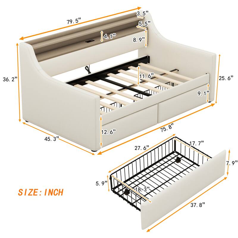 PU Leather Upholstered Platform Bed Twin Size Daybed with Open Shelf, Storage Drawers, Charging Station and LED Lights