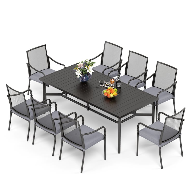 MAISON ARTS 9-Piece Patio Dining Set with Square/Rectangular Metal Table and 8 Gourd Head Shape Armrest Dining Chairs
