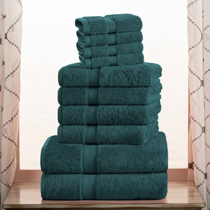 Superior Egyptian Cotton Heavyweight Solid Plush Towel Set - 10-Piece Set - Teal