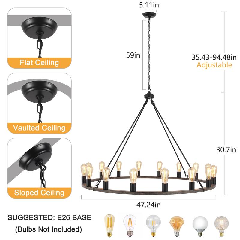 16-Light Farmhouse Chandelier , 47.24 In Wagon Wheel Chandelier for Dining Room Living Room Bedroom Kitchen