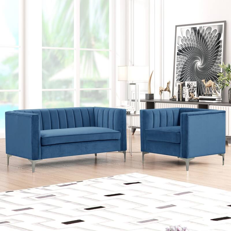 Morden Fort Modern 2 Pieces of Chair and Loveseat Set with Dutch Velvet Grey, Iron Legs