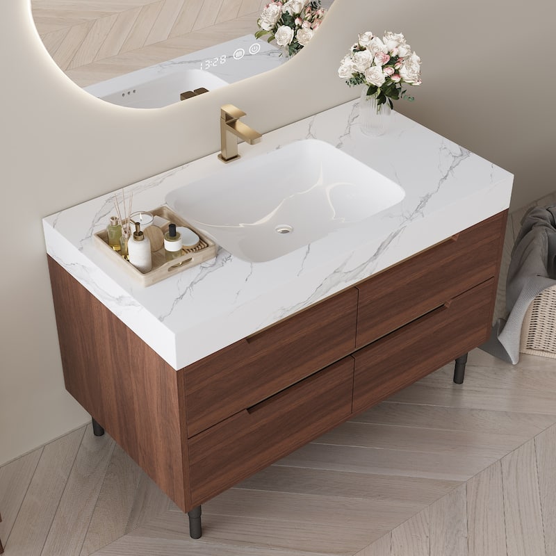 Freestanding/Wall-Mounted Bathroom Vanity with Sink, 4 Storage Drawers, Waterproof Solid Wood Frame and Detachable Iron Legs