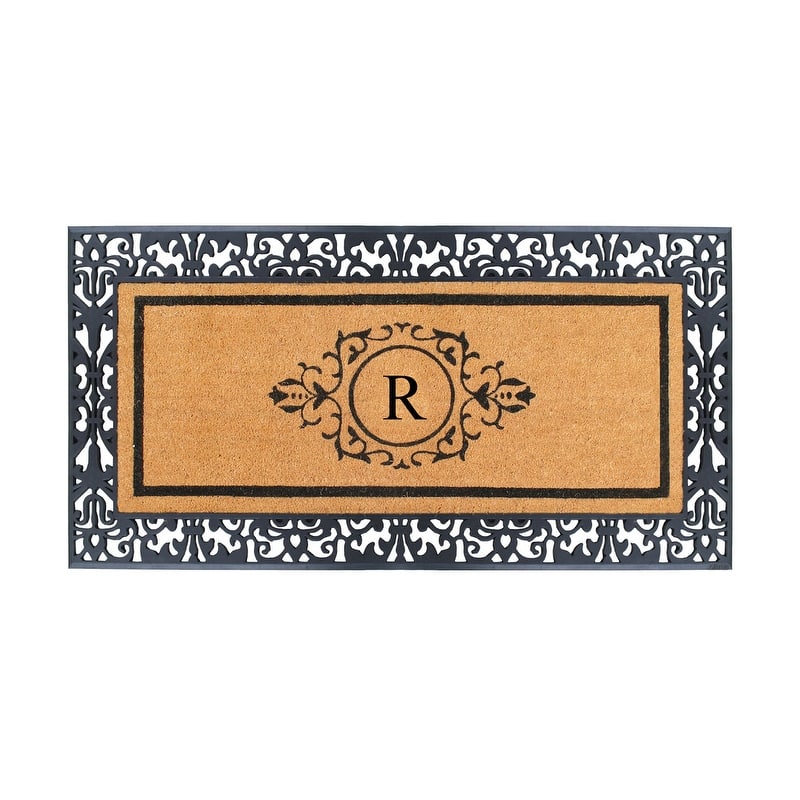 A1 Home Collections Natural Coir and Rubber Monogrammed Front Door Mat Floral Bordered Doormat 30"X60"