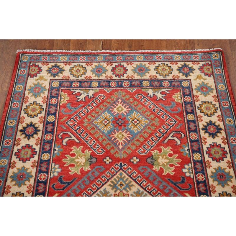 Geometric Kazak Rug Hand-Knotted Red Wool Carpet - 3'4"x 5'2"