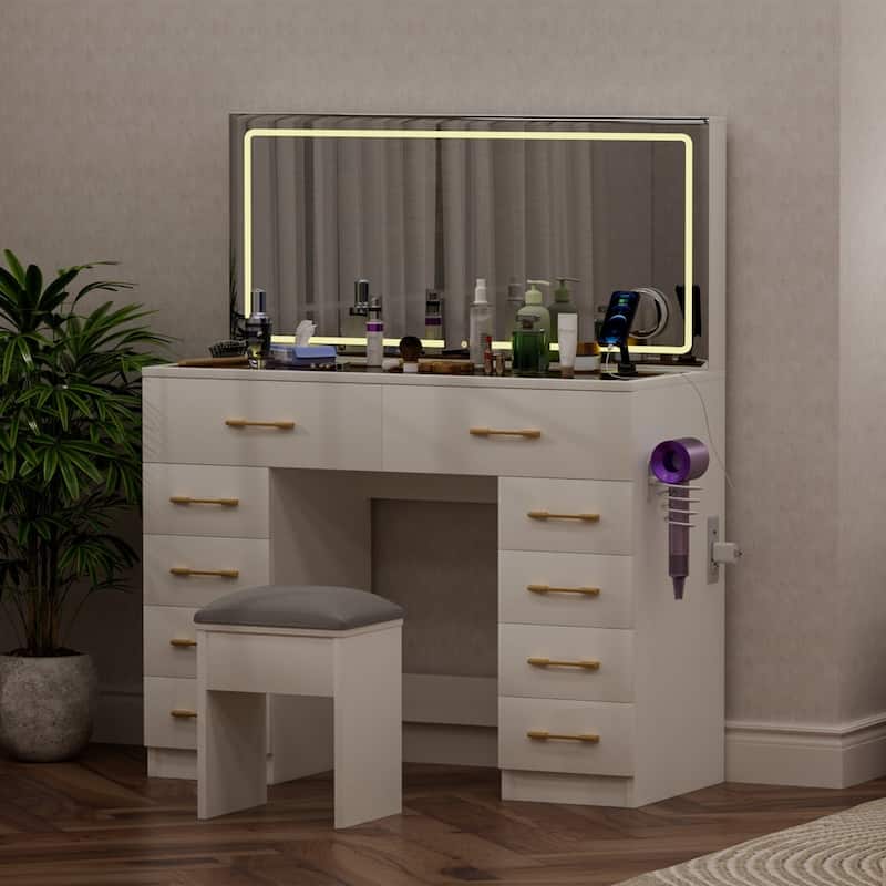 46" Glass Top 3 Lighting Modes Vanity Desk with 10 Drawers,Stool,Power Outlet and Silent Slides