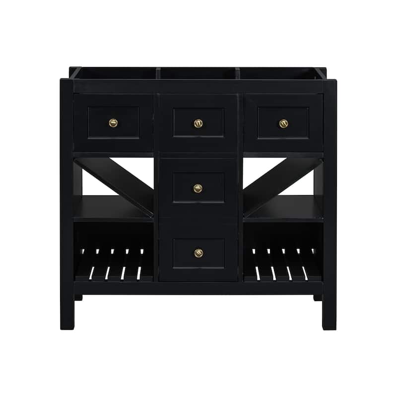 Roomfitters 36'' Bathroom Vanity, Solid Wood Frame Freestanding Storage Cabinet with 5 Drawers and Soft Closing Doors - Black