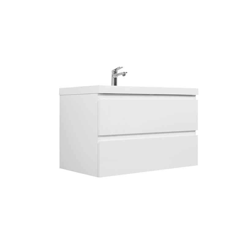 35.5-Inch Floating Bathroom Vanity with Glossy Resin Sink, Ash Grey Color, Wall-Mounted Design, 2 Drawers