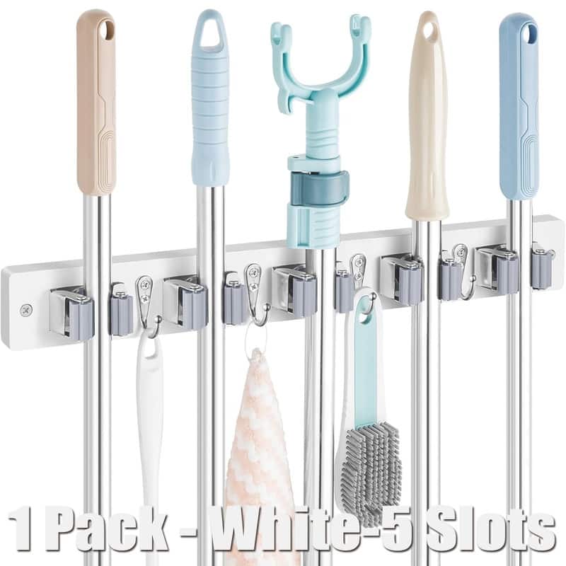 Mop and Broom Holder Wall Mount With 5 Slots & 4 Hooks - 1 Pack - White-5 Slots