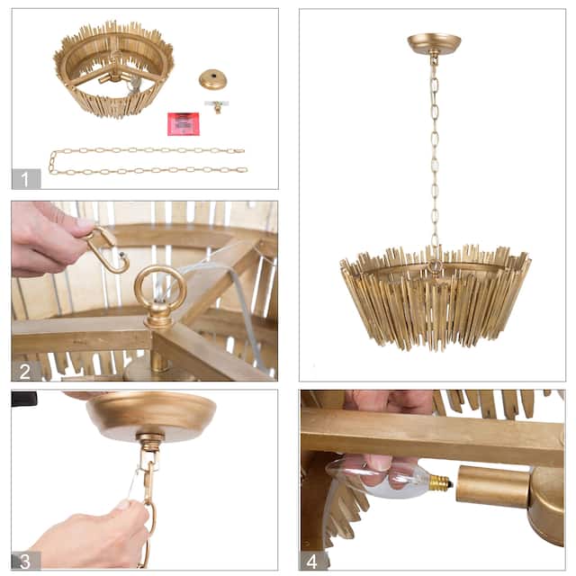 Genzi Mid-century Modern Farmhouse Chandelier Gold Wood Drum Shade Handmade for Living/ Dining Room - D20'' x H 13''
