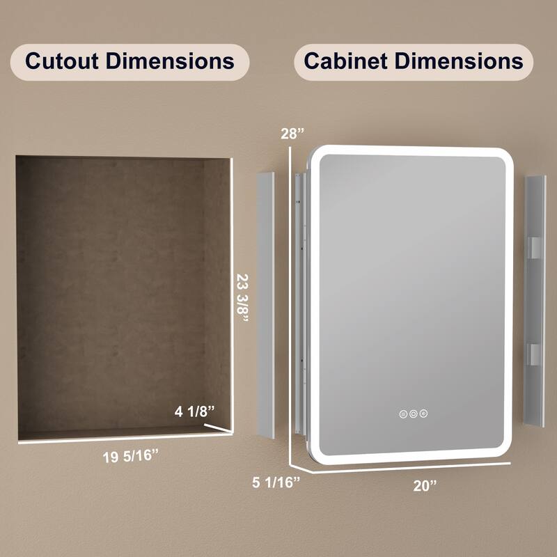 Rounded Edge LED Medicine Cabinet with Mirror, Dimmable, Anti-fog, Adjustable Shelves, Recessed or Wall Mount, ETL Certified