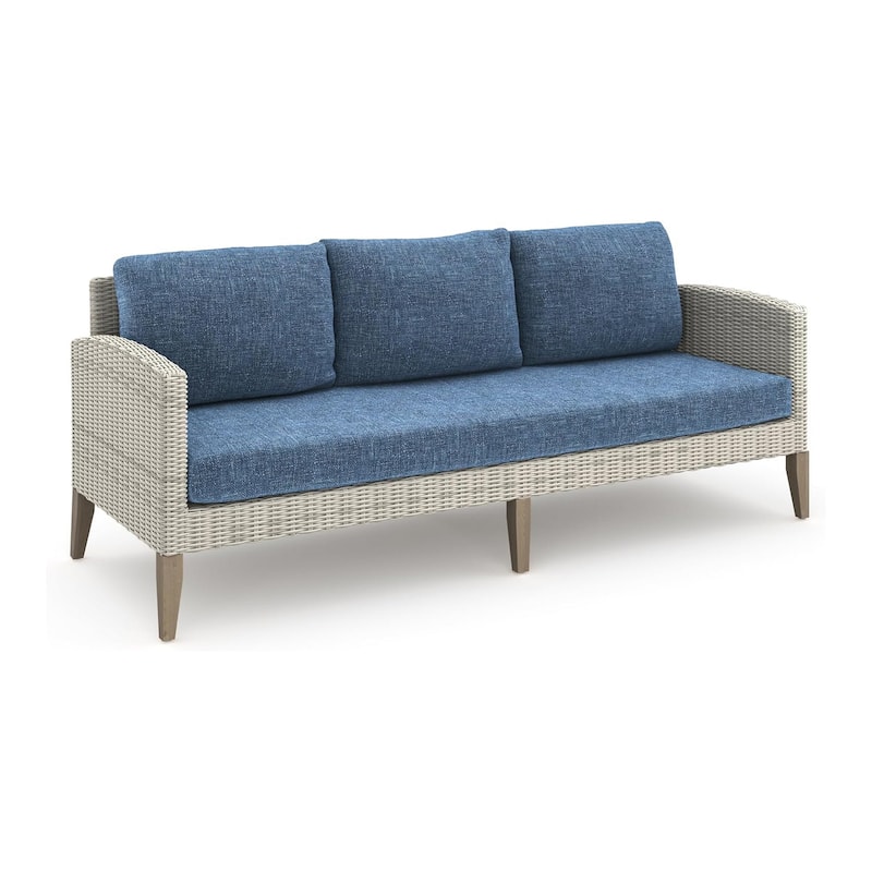 Azy 5pc Outdoor Sofa Set w Stools and Chairs, Woven Gray Frame, Blue
