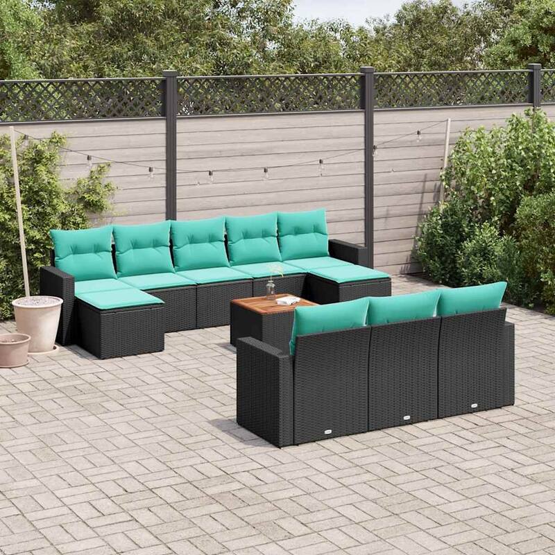 vidaXL 11 Piece Patio Sofa Set with Cushions Black Poly Rattan - 21.7 x 24.4 x 27.2