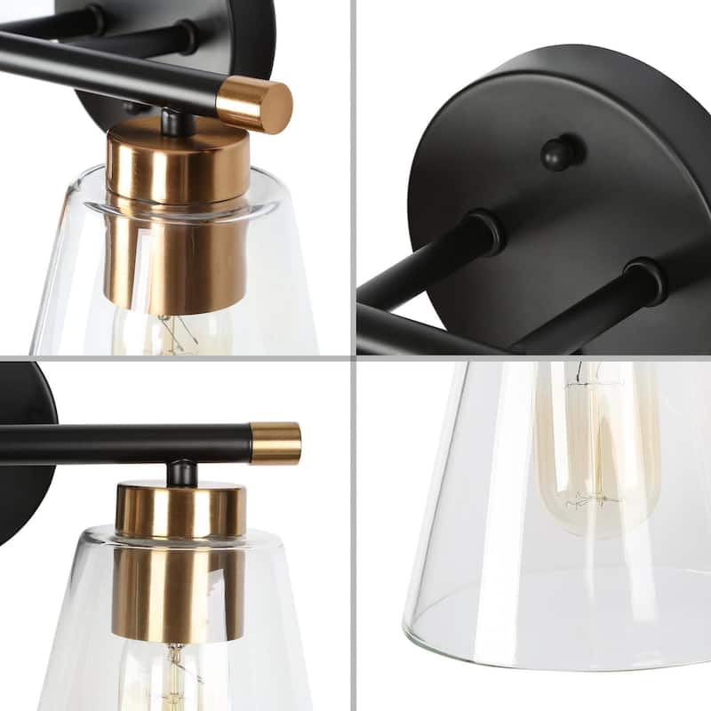 Fnly Modern Contemporary 2-light Black Gold Bathroom Vanity Light LED Dimmable Sconce with Clear Glass