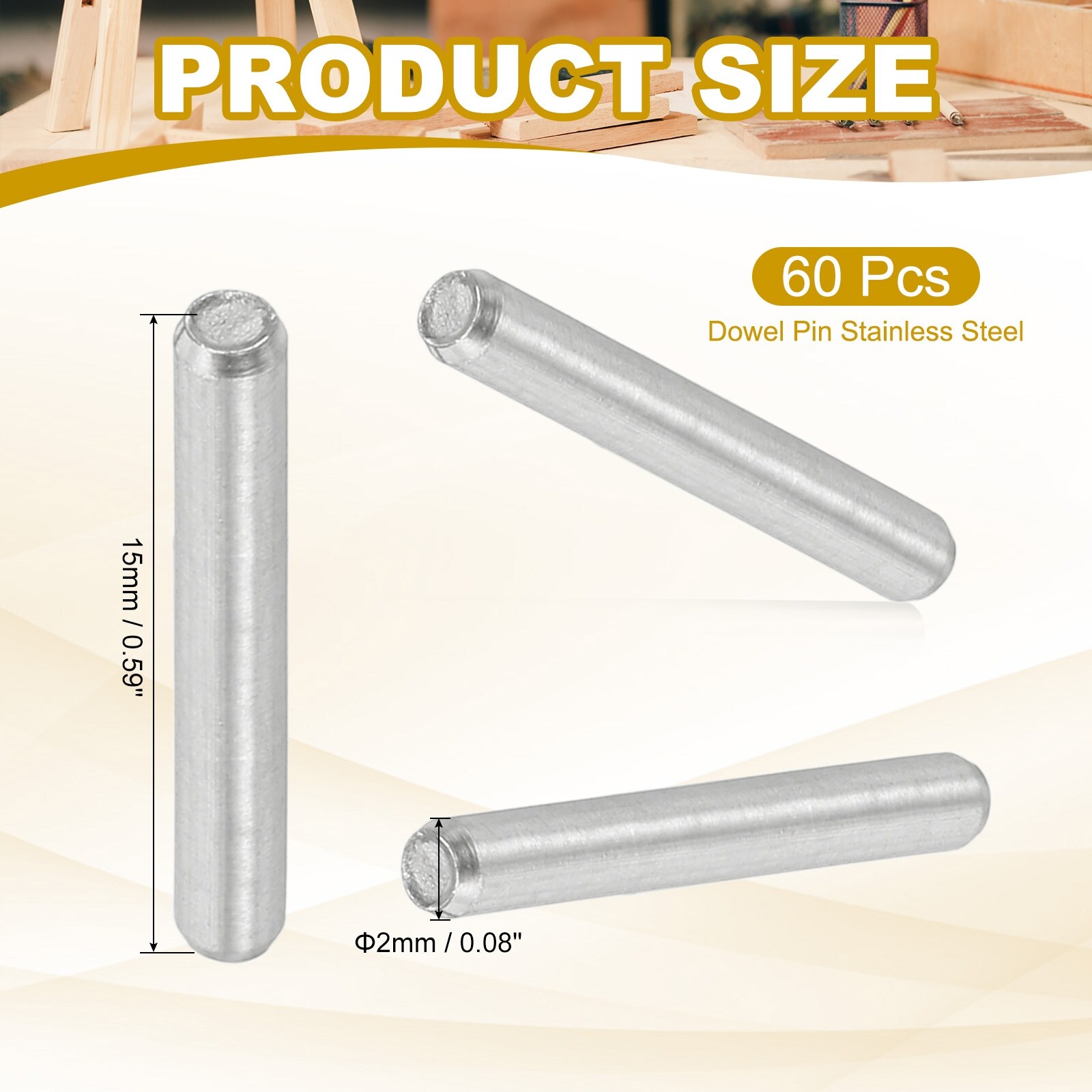 2mm x 10mm Dowel Pin 304 Stainless Steel 60 Pcs Metal Dowel for Shelves Silver