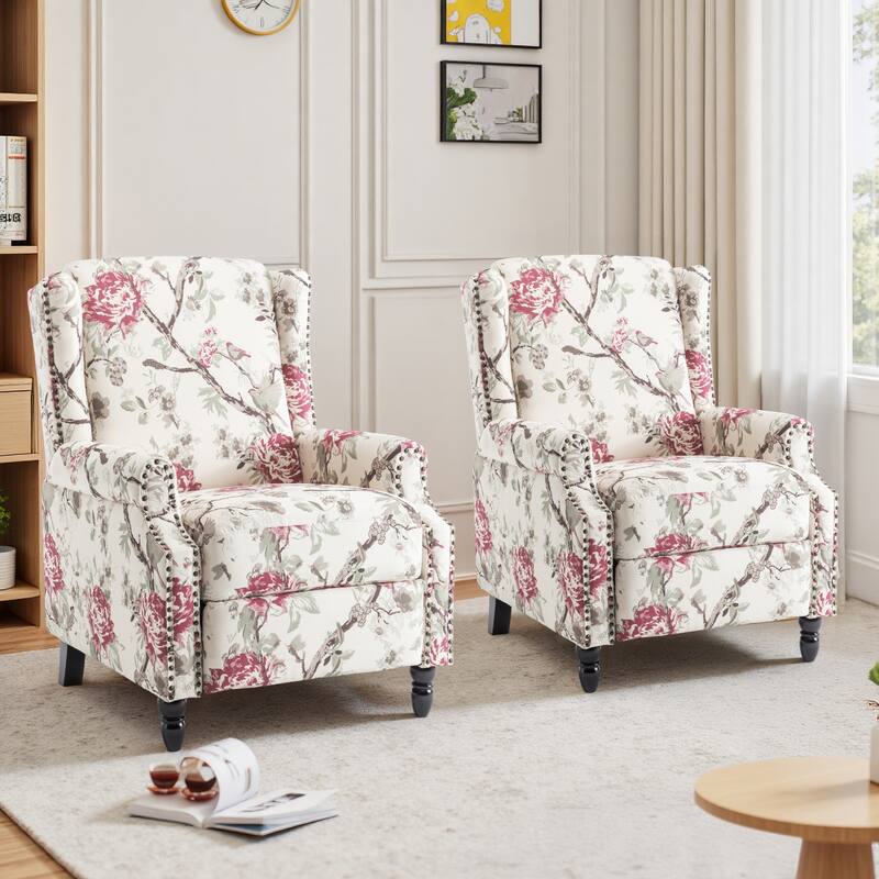 Floral Linen Manual Recliner Chair with Footrest set of 2 - PLANTS FLORAL