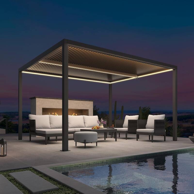 PURPLE LEAF Gray Louvered Pergola Outdoor Aluminum Pergola with Adjustable Roof for Patio Grey Hardtop Gazebo