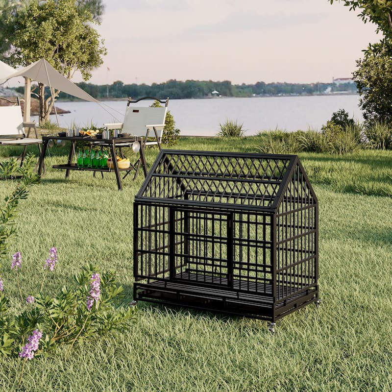 48 Inch Heavy Duty Dog Crate with Wheels, Folding Big Dog Cage for Large and Medium Dogs with a pointed roof and Removable Tray