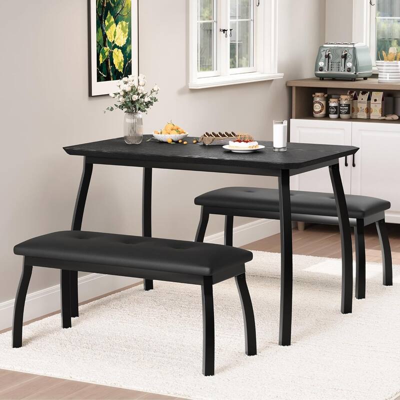 43.3" Kitchen Dining Table Set with 2 Upholstered Benches for Home Kitchen Dining - Black