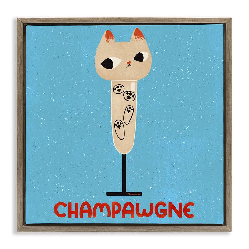 Stupell Champawgne Feline Wine Framed Floater Canvas Wall Art Design By Carrie Cantwell - 25 x 25 - Brown