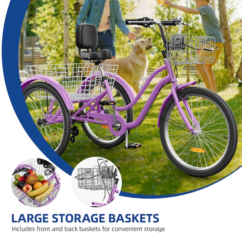Moasis 24" Adult Tricycle 3-Wheel Bikes 1 Speed Trike Low Step-Through Cruiser Bike
