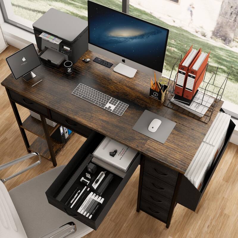 47" Computer Desk With Power Outlet,Writing Desk with 7 Fabric Drawers