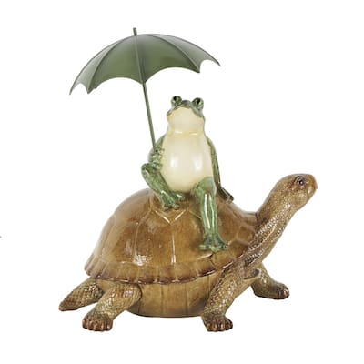 Resin Frog Sitting Decorative Sculpture with Umbrella and Brown Walking Turtle - Bronze - Roche River Decor