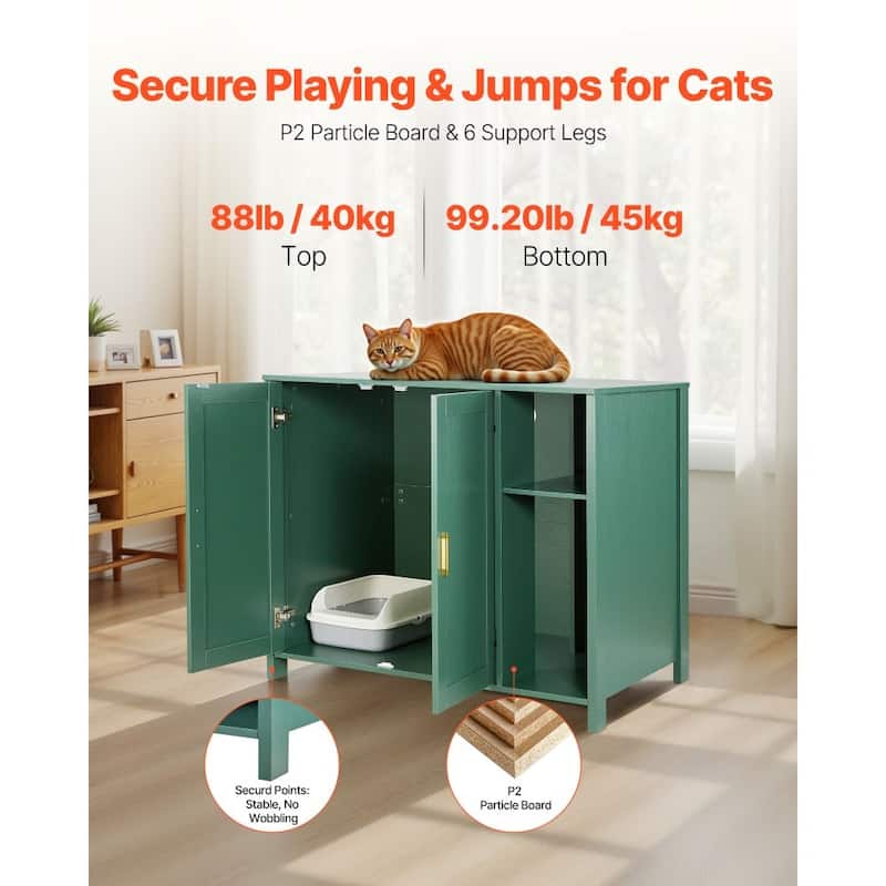 Dark Green P2 Particle Board Cat Litter Cabinet with Drawer and Power - 41.34 × 26.77 × 34.84 inch