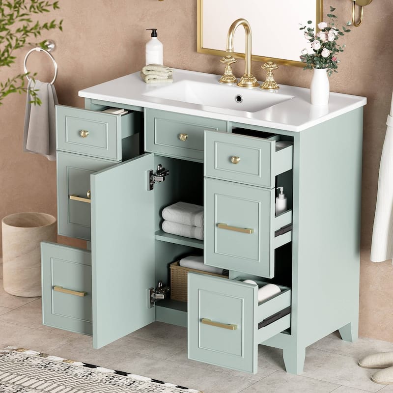 36" Green Bathroom Vanity with Ceramic Sink, Soft-Close Doors, 2 Double-Layer & 2 Standard Drawers, Adjustable Shelf