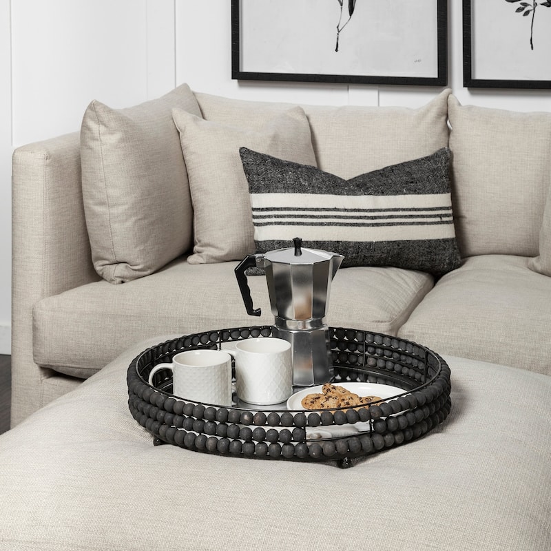 Decatur I White Wooden Beads w/ Mirrored Base Round Tray