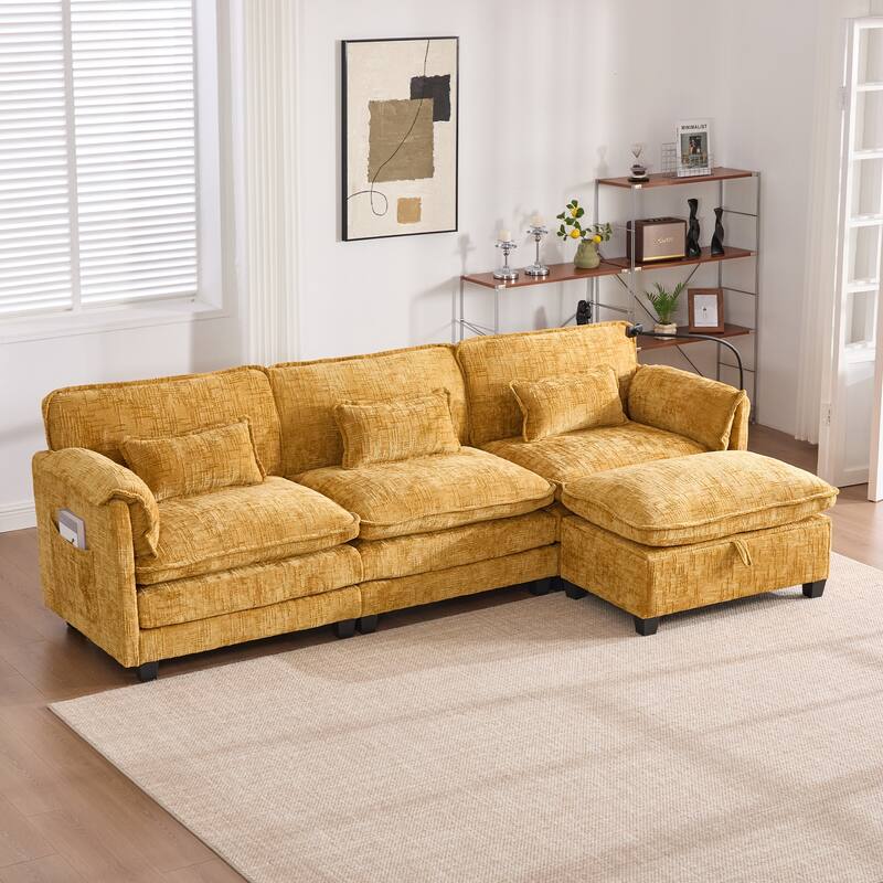 Modern Chenille Chaise Couch L-shaped Sectional Sofa with Storage Ottoman, Phone Holder, USB/Type-C Ports and Side Pockets - Yellow