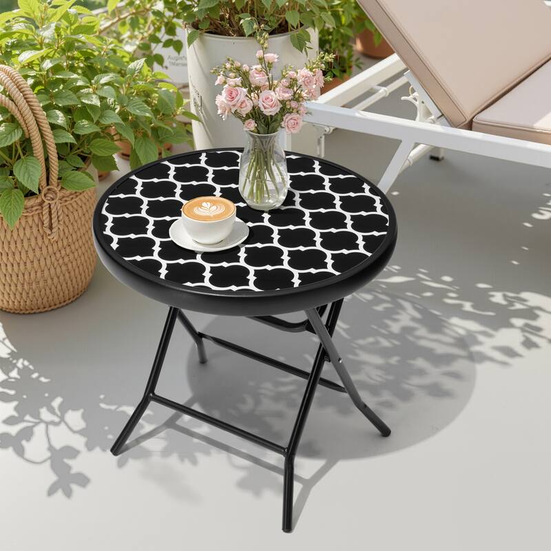 Outdoor Patio Folding Round Table Tempered Glass Top